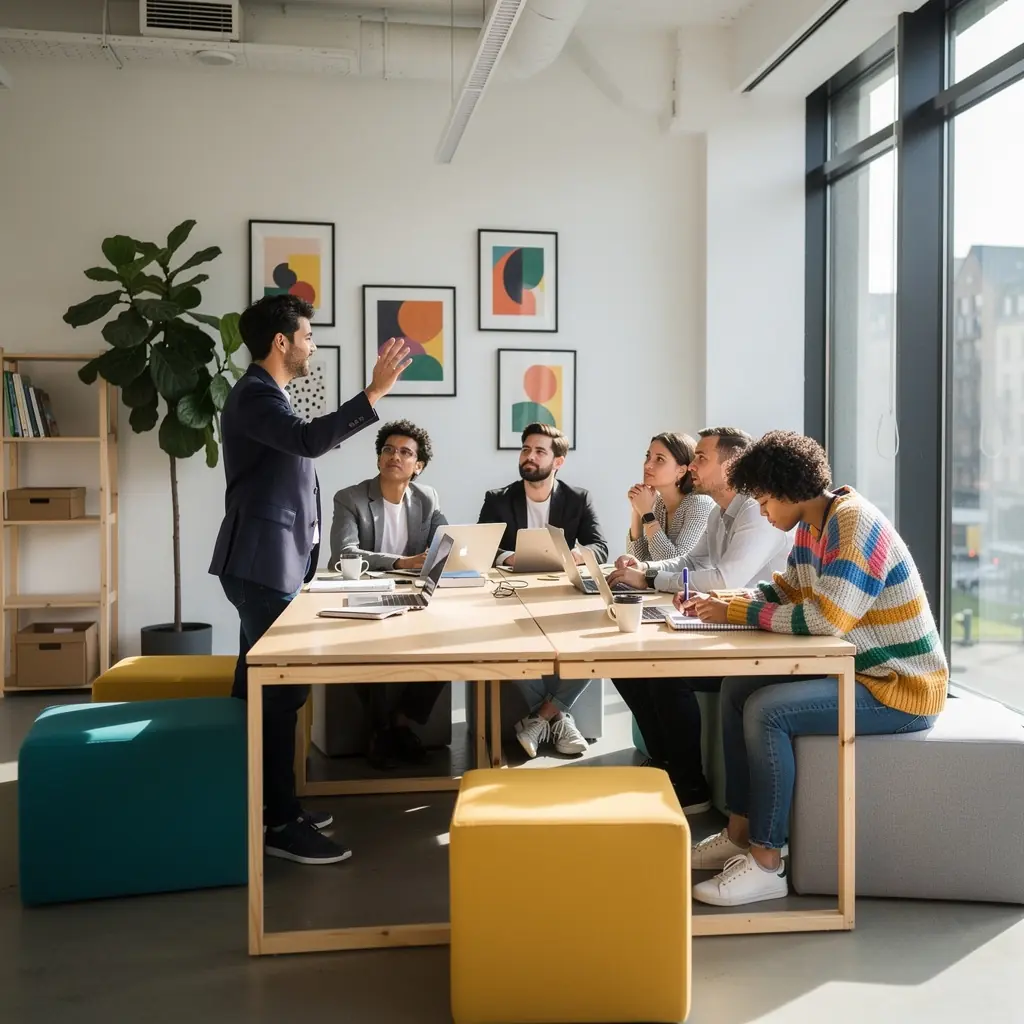 Ein stilvoller Empfangsbereich mit modularem Empfangstresen und Sitzgelegenheiten.